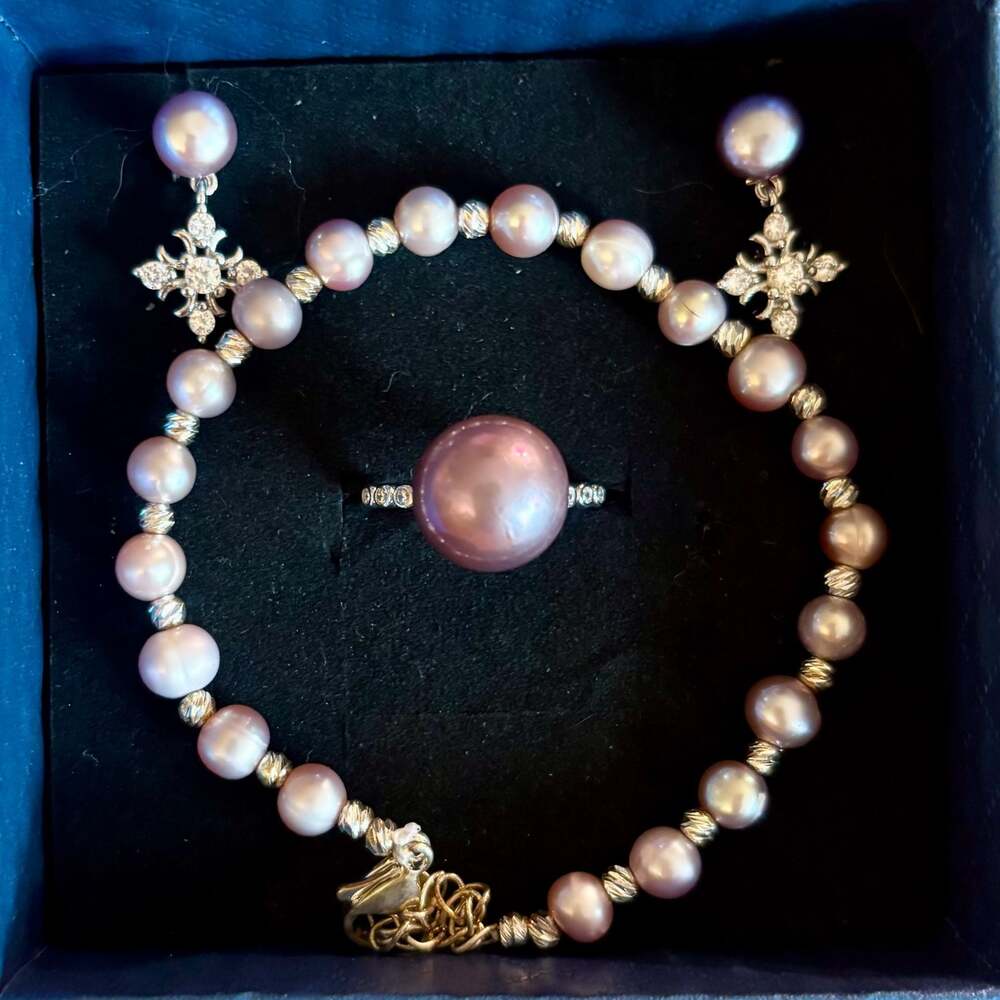 11mm Chocolate Lavender Pearl Ring, Bracelet, and Snowflake Earring Jewelry Set